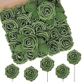 N&T NIETING Artificial Flowers Roses Army Green Foam Rose 50pcs Fake Flowers with Stem for DIY Wedding Bouquets Centerpieces Bridal Baby Shower Party Home Shower Arrangement Decoration