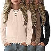 LessonZoo 3 Pack Girls' Long Sleeve Tops Crewneck Ribbed Tees Shirt Cotton Lettuce Trim Cute Undershirt Base Layering