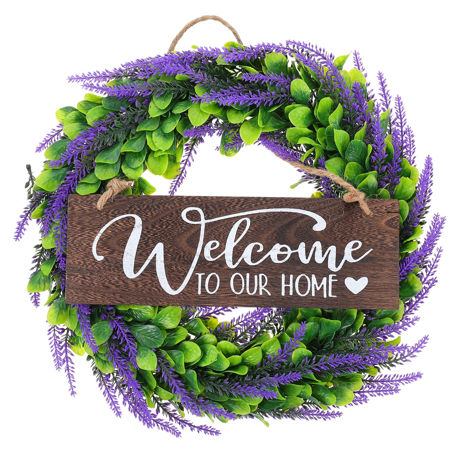 FOMIYES Artificial Lavender Wreath Welcome Sign Purple Flower Garland Floral Farmhouse Wreath Green Leaves Spring Wildflower Wreaths Front Door Wreath Wedding Decor