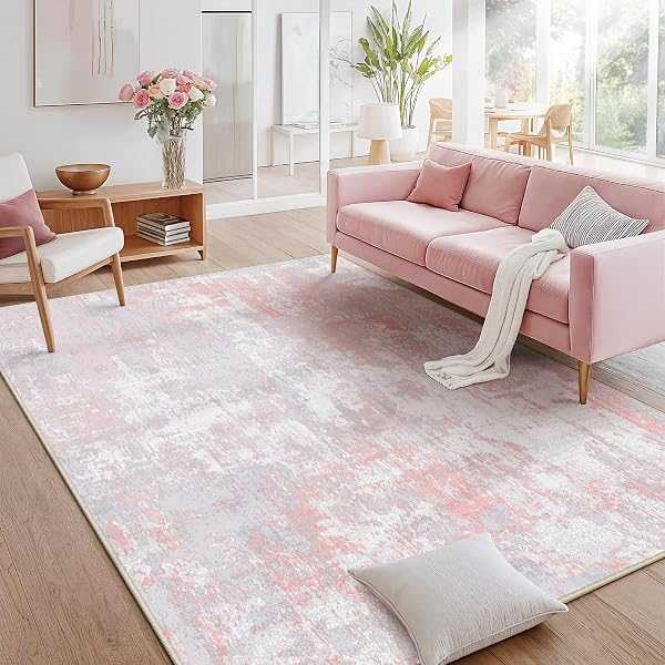RELEANY WASHABLE AREA RUGS 6’X9′ NON-SLIP MODERN ABSTRACT SOFT FOR LIVING ROOM ENTRYWAY BEDROOM NURSERY, PRINT PATTERN, GREY PINK