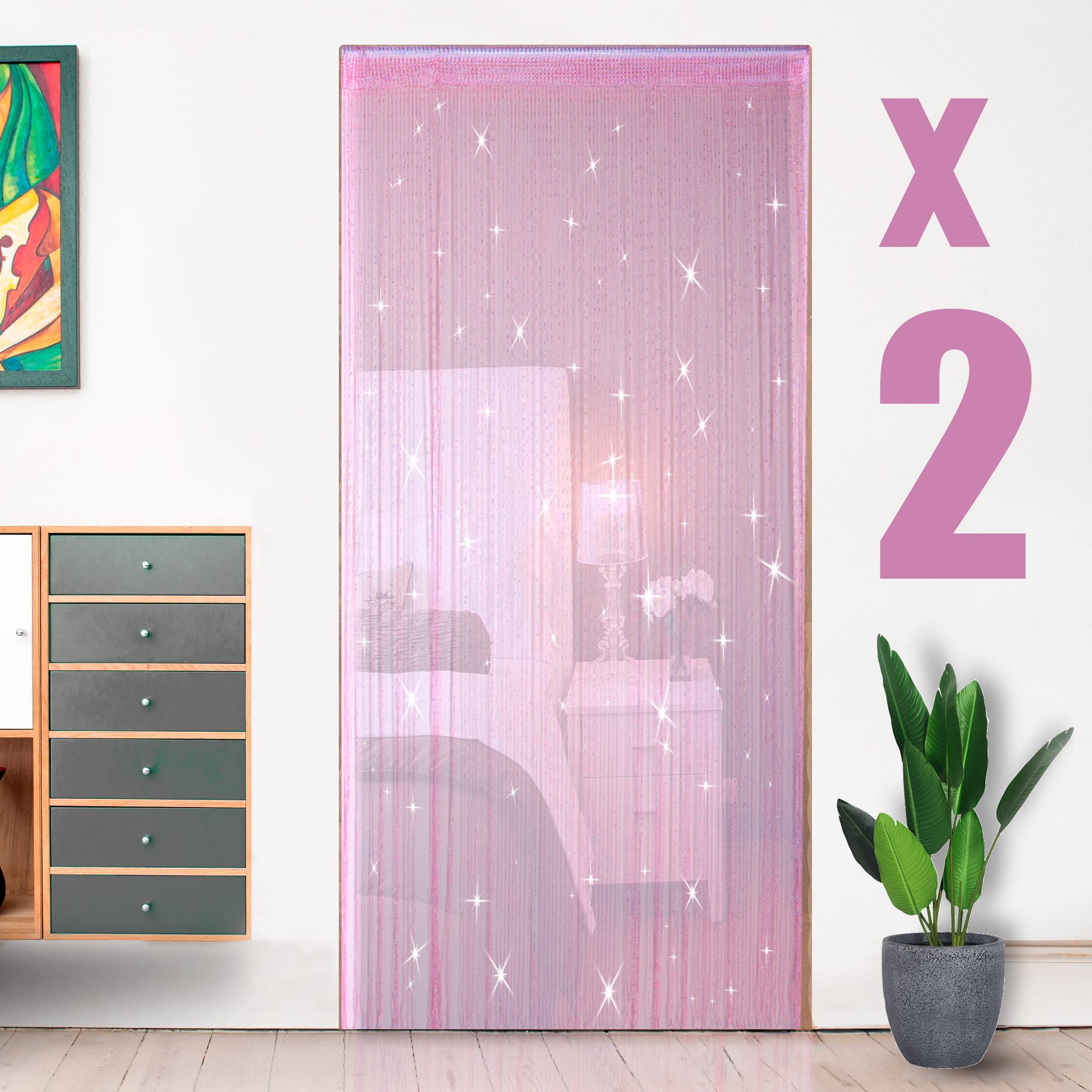 HYSENM 2 Pack Door Curtain 100 x 200cm Fly Screens for Doors, Beaded String Curtain for Doors, Door Fly Screen Curtain for Doorways - Pink