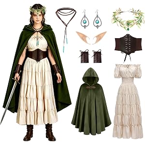 Akokvlar 8Pcs Medieval Renaissance Costume Vintage Elf Dress for Women with Accessories