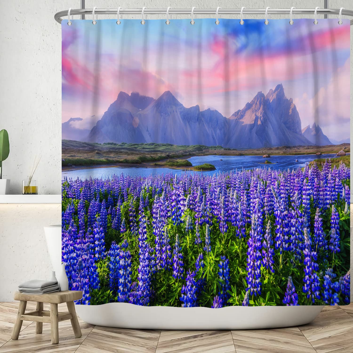 ASDCXZ Landscape Shower Curtain 180x200 cm, Graceful Natural Landscape Purple Lavender Flower Sea Mountains Washable Shower Curtains Polyester Textile Waterproof Bath Curtain for Bathtub with 12 Hooks