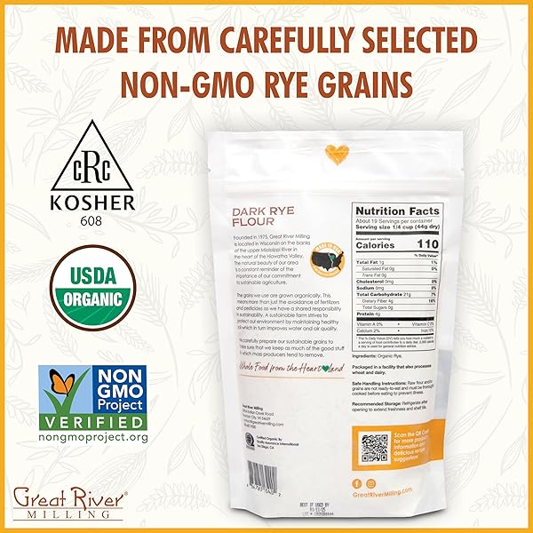 ORGANIC DARK RYE FLOUR BY GREAT RIVER MILLING, WHOLE GRAIN RYE FLOUR FOR BREAD, SOURDOUGH STARTER, CERTIFIED KOSHER, NON GMO, 20 OZ. (PACK OF 1)