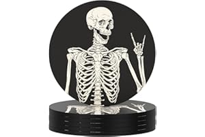 Nipichsha Coasters for Drinks, Set of 6 Absorbent Rubber Drink Coasters with Non-Slip Backing, Cute Drink Coasters for Cup Kitchen Home Decor Housewarming Gift, Round 4", Skull