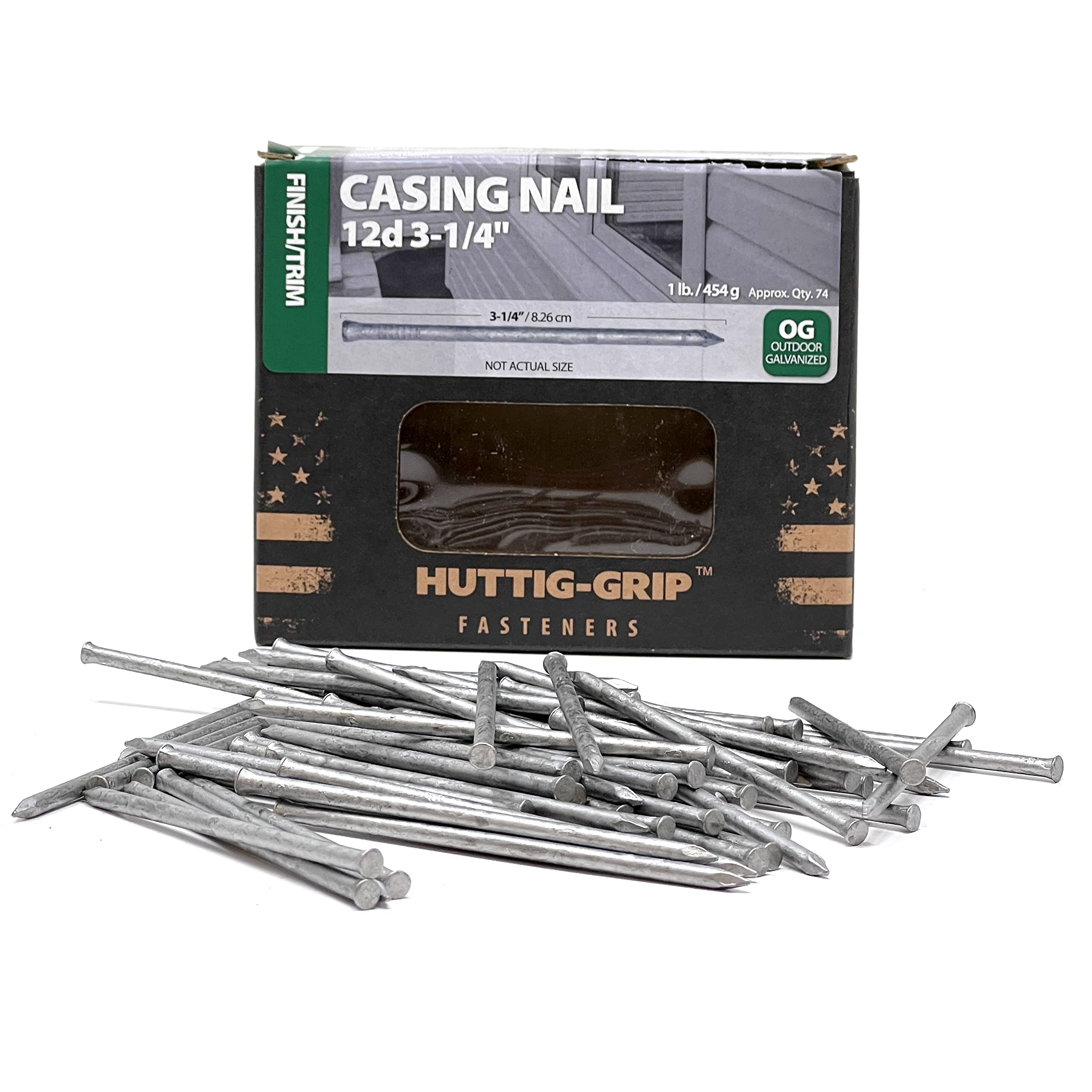 Photo 1 of Huttig-Grip Finish Trim Series Casing Nail 3-1/4 inches 12d for Window and Door Frame Assembly HGN12OGCAS1 Outdoor Galvanized, 1 lb Pack of 74 Nails