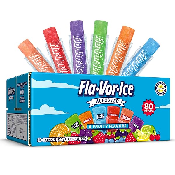 FLA-VOR-ICE POPSICLE VARIETY PACK OF 1.5 OZ FREEZER BARS, ASSORTED FLAVORS, LEMON-LIME, BERRY PUNCH, GRAPE, STRAWBERRY, ORANGE, AND TROPICAL PUNCH 80 COUNT