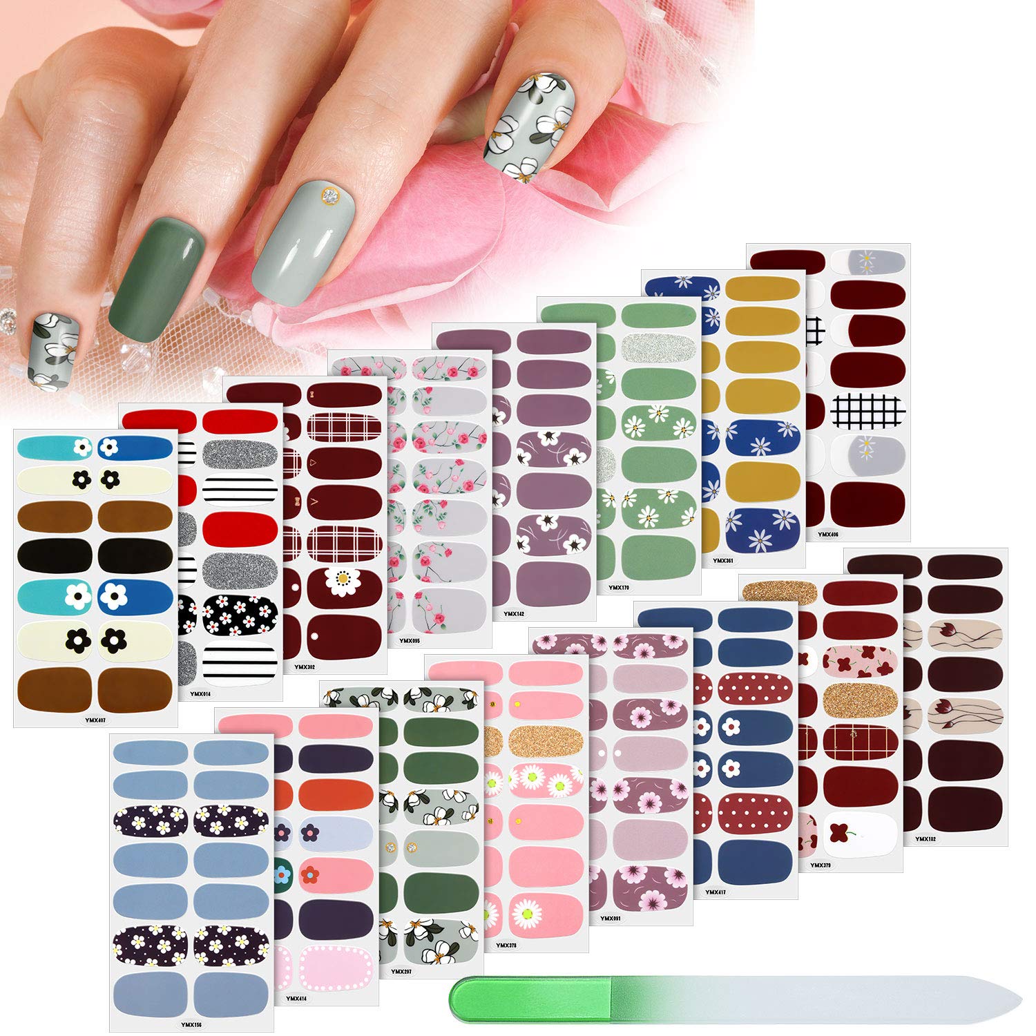 Maitys 224 Pieces 16 Sheets Full Nail Wraps Polish Stripes Nail Art Polish Stickers Self-Adhesive Decals with File Manicure Kit for Women DIY Art(Fresh Floral Series)