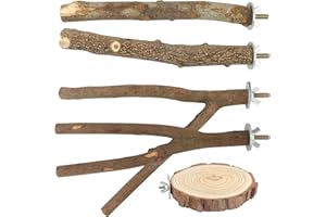 HOSUKKO 5PCS Bird Perch for Cage Bird Stand Toy Set Natural Wooden Parrot Stand Branch with Round Platform Paw Grinding Stick Bird Exercise Training Climbing Toys for Bird Cage Accessories
