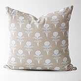 Tajik Home Elodie Marigold Block Print Pillow Cover – 100% Cotton Decorative Throw Pillow Cover – Vintage Coastal Grandma Grandmillennial Style Accent for Sofa, Couch, or Bed (Beige, 22x22)