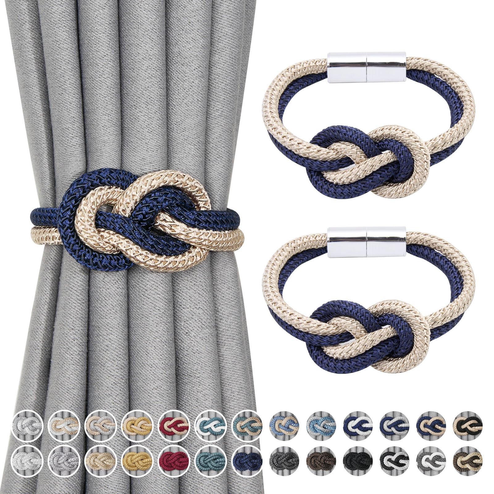 Pretty Jolly 2 Pack Mini Magnetic Curtain Tiebacks Nordic Simple Style Drape Tie Backs Elegant Hand Weave Rope Knot Decorative Curtain Holdbacks for Home & Office Window Drapery (Dark Blue & Beige)