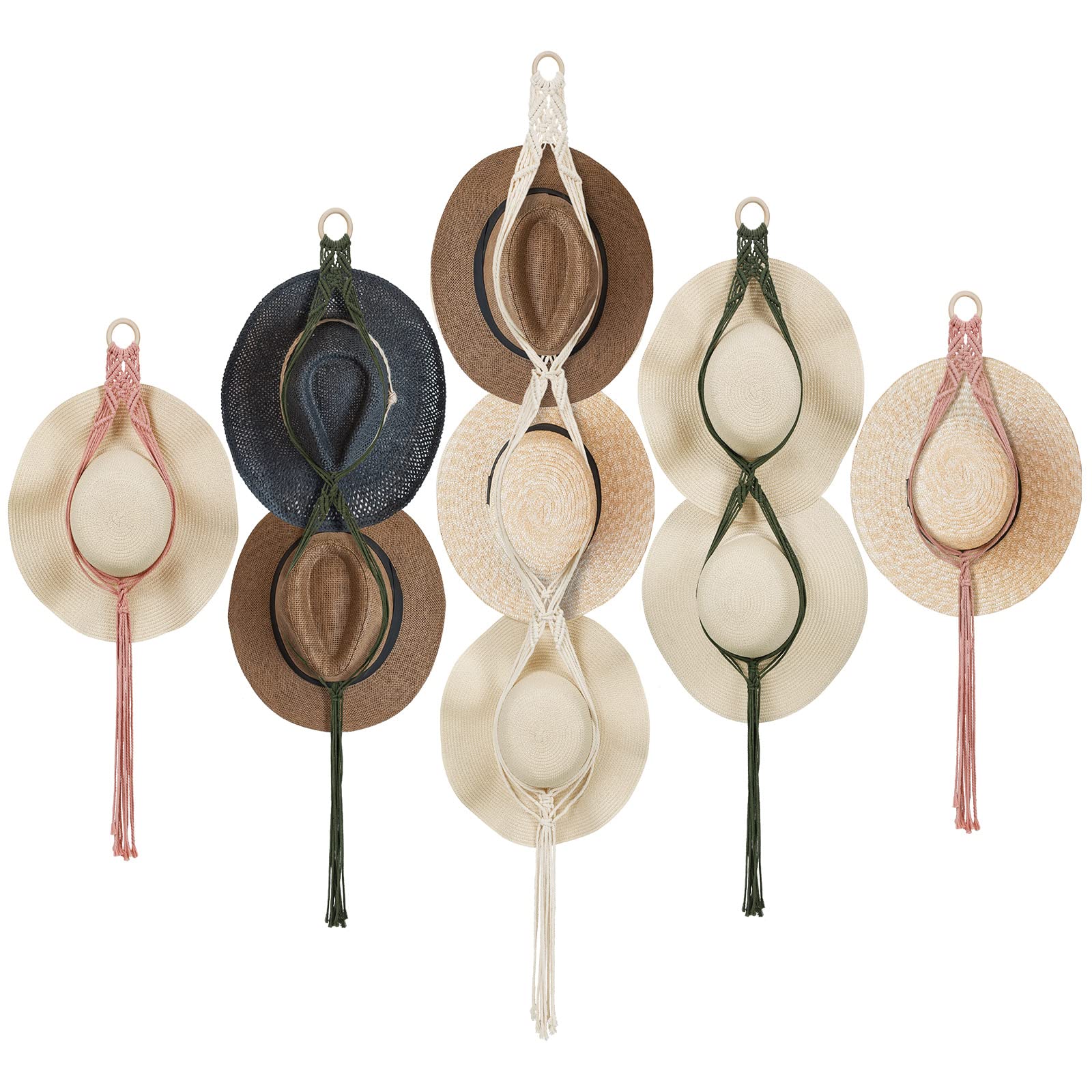 Photo 1 of Maitys 5 Pcs Macrame Hat Hangers for Wall Cowboy Hat Holders Boho Wall Mount Hanging Rack Display Hand Weaving for home storage Western Decoration, 3 Sizes and Colors