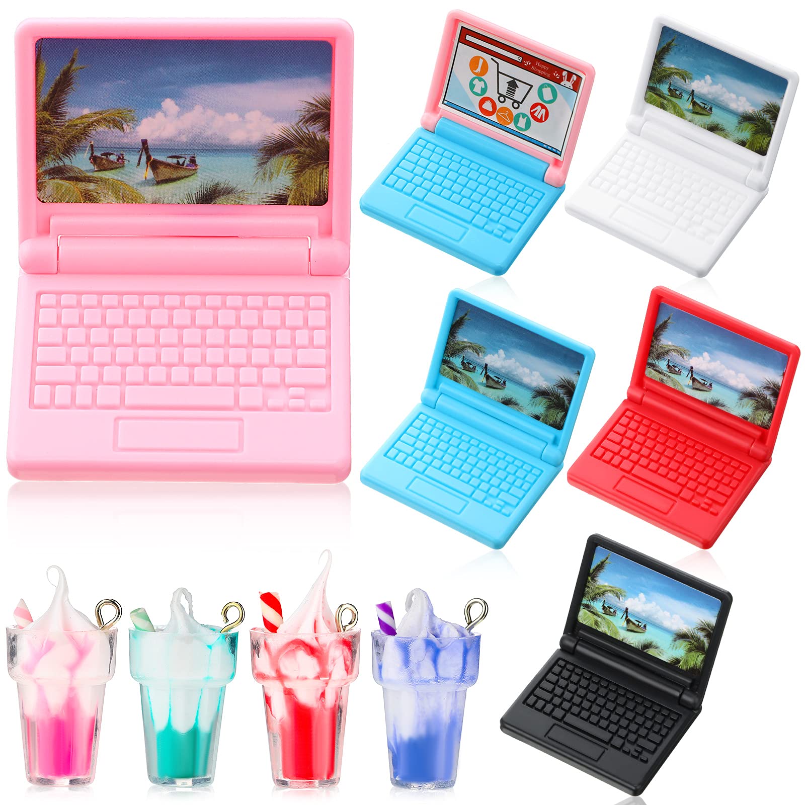 Photo 1 of 6 Pieces 1:12 Dollhouse Mini Laptop and 4 Pieces Mini Bottle Ice Cream Simulation Notebook Lovely Folding Laptop Model for DIY Dolls House Furniture Accessories (Pink, Red, Purple, Green)