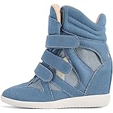WJZDSJCO Wedge Sneakers for Women Heels Suede Hook and Loop High Heel Tennis Round Toe Triple Strappy Band Casual Vintage Fashion Dressy Comfy Campus Trendy Retro