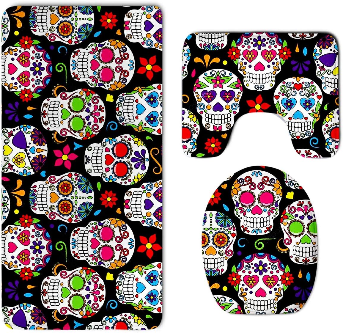 Day of The Dead Sugar Skull Bathroom 3-Piece Mat Sets Pedestal Mat+Lid Toilet Cover+Bath Mat Doormat Non-Slip Rug