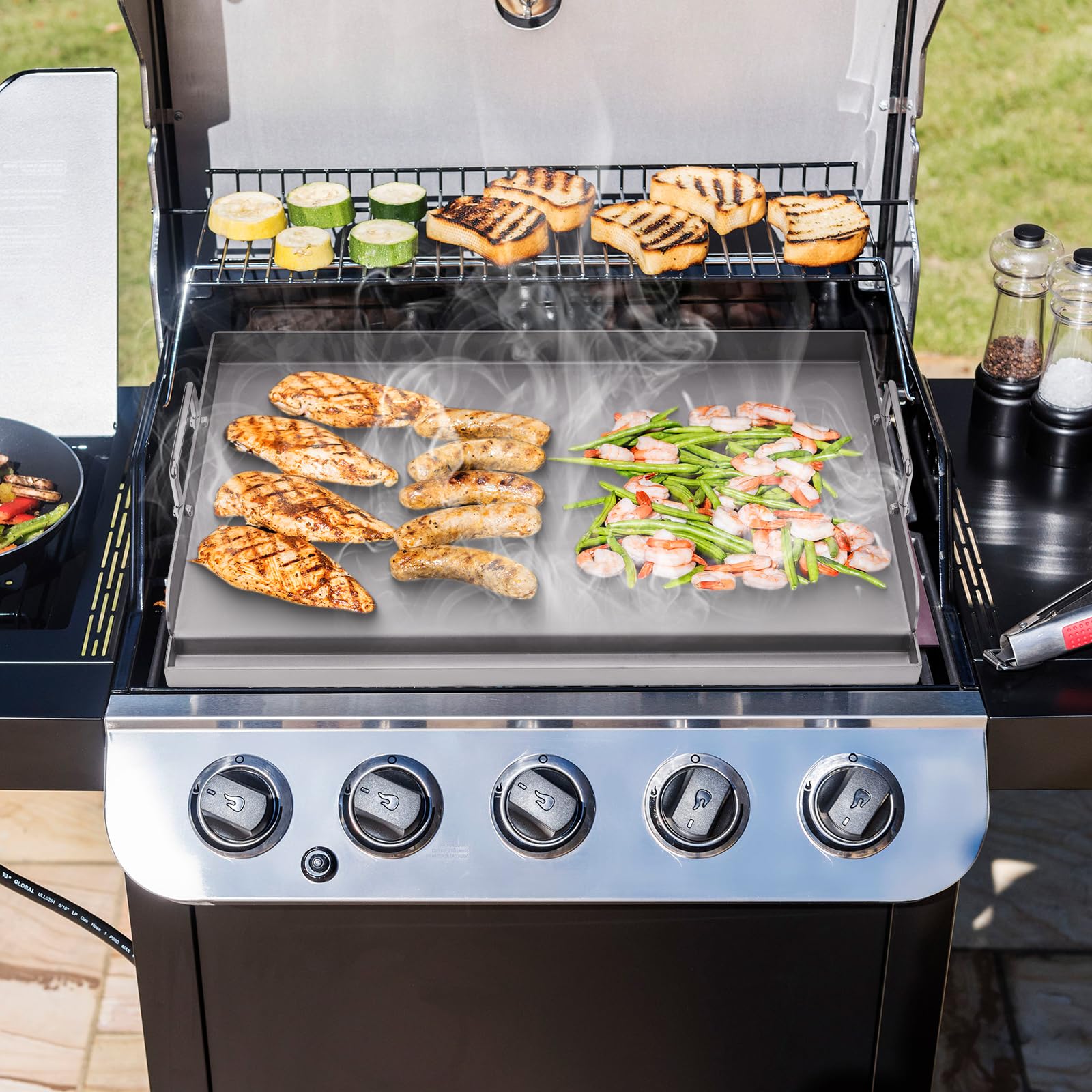 Universal BBQ Plancha Grillplatte 63,5 x 40,6 CM mit Abnehmbarer Griff, Universal passend für Weber Gasgrill & Holzkohlegrill,Grillpfanne für Burger Fleisch Gemüse 8