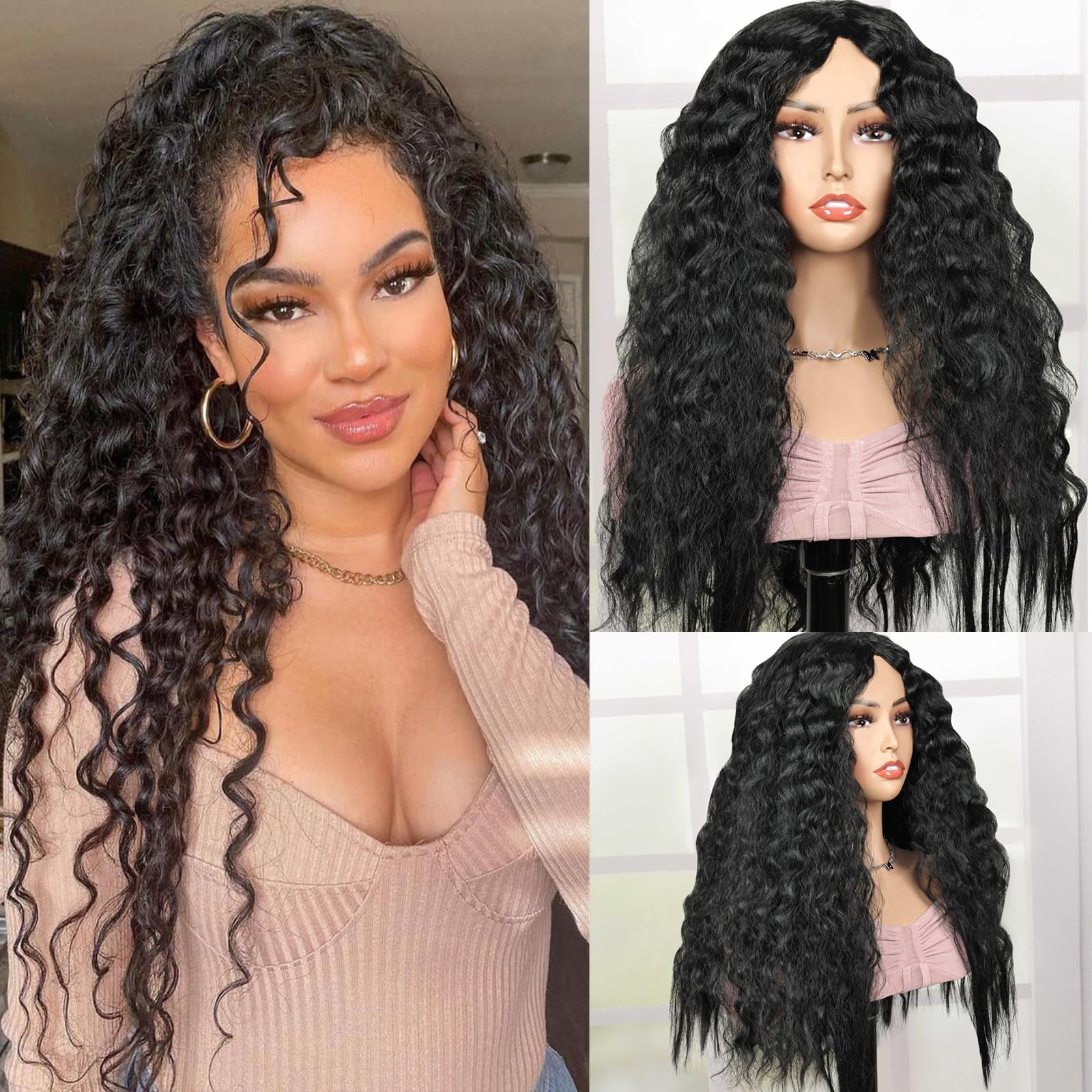 Creamily Long Curly Black Wigs for Women Black Wavy Wig Natural Looking Loose Wave Hair Glueless Heat Resistant Synthetic Hair Replacement Wig Halloween Use 24 Inches
