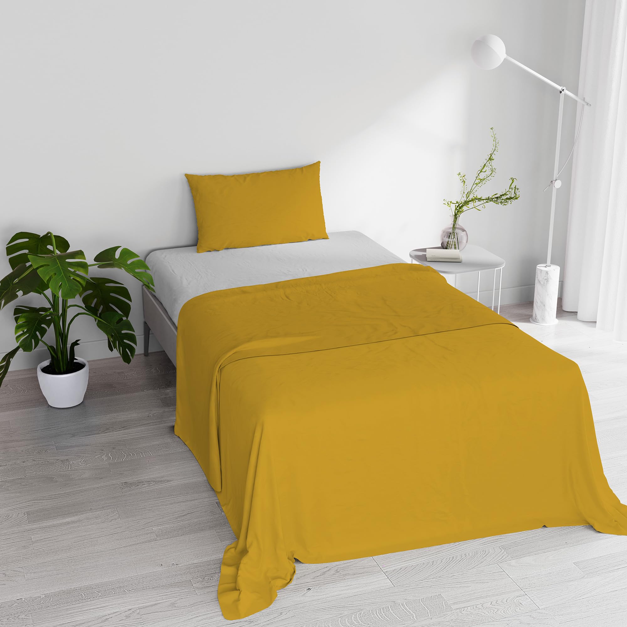 Italian Bed Linen “ Natural Color” Bed Linen Set, Cotton, Mustard/Light Gray, Single
