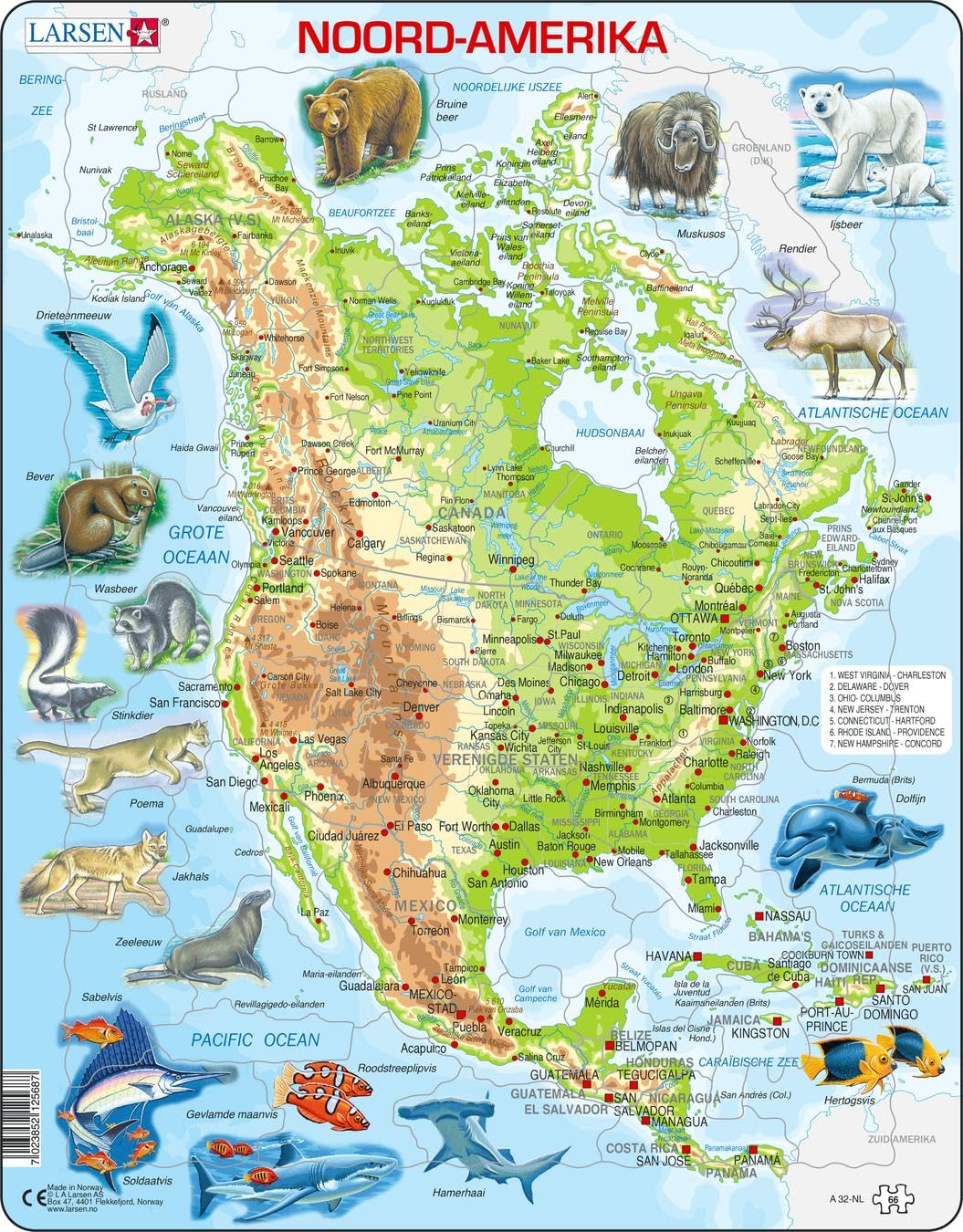 Larsen A32 North America, Topographic map with animals, Dutch Edition, 66 Piece Boxless Tray & Frame Jigsaw Puzzle