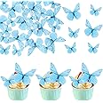Ephlyn 72Pcs Edible 3D Realistic Butterfly Cupcake Toppers - Cute Cake Picks for Baby Shower, Boys Girls Birthday Party Decorations - Blue