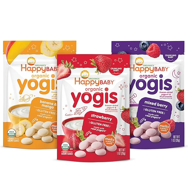HAPPY BABY ORGANICS YOGIS FREEZE-DRIED YOGURT & FRUIT SNACKS, 3 FLAVOR VARIETY PACK, 1 OUNCE (PACK OF 3)