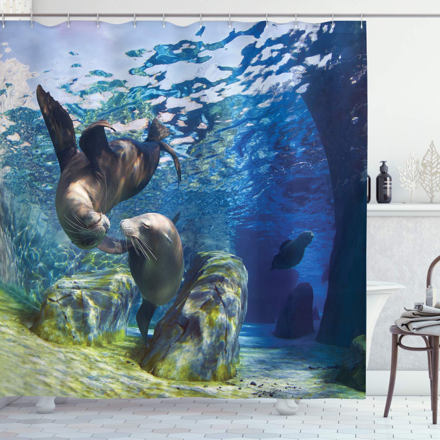 ABAKUHAUS Sea Animals Shower Curtain, Playful California Sea Lions Swimming in Clear Water Undersea World Theme, Cloth Fabric Bathroom Decor Set with Hooks, 94" Inches, Navy blue — image 1