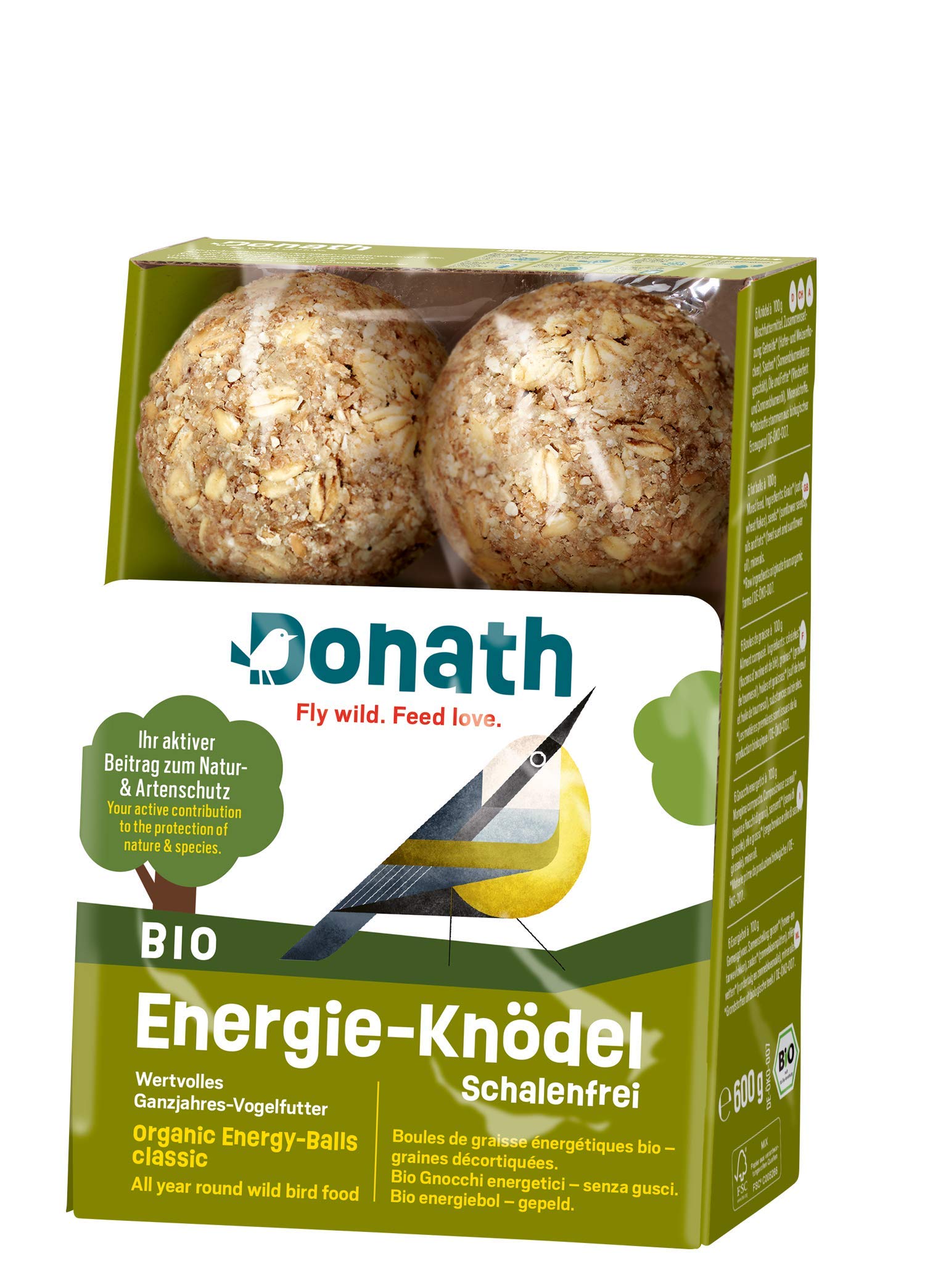 Donath Organic Shell-free Energy Balls, no net - fat balls for tits without net - 100g per ball - no leftover shells - nutritious all year round wild bird food - made by us in Southern Germany