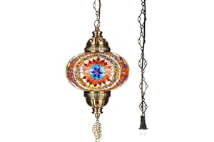 DEMMEX Plug-in Turkish Moroccan Mosaic Hanging Pendant Ceiling Light – Swag Lamp Fixture with 15ft Cord & Chain, Handcrafted Glass, Tiffany Style, Mediterranean Decor (Multi-Color)