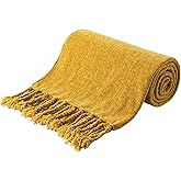 BATTILO HOME Mustard Yellow Throw Blanket for Couch Bed Sofa, Yellow Gold Chenille Throw for Spring Summer, Lightweight Knit Blanket for Home Decor, 50"x60"