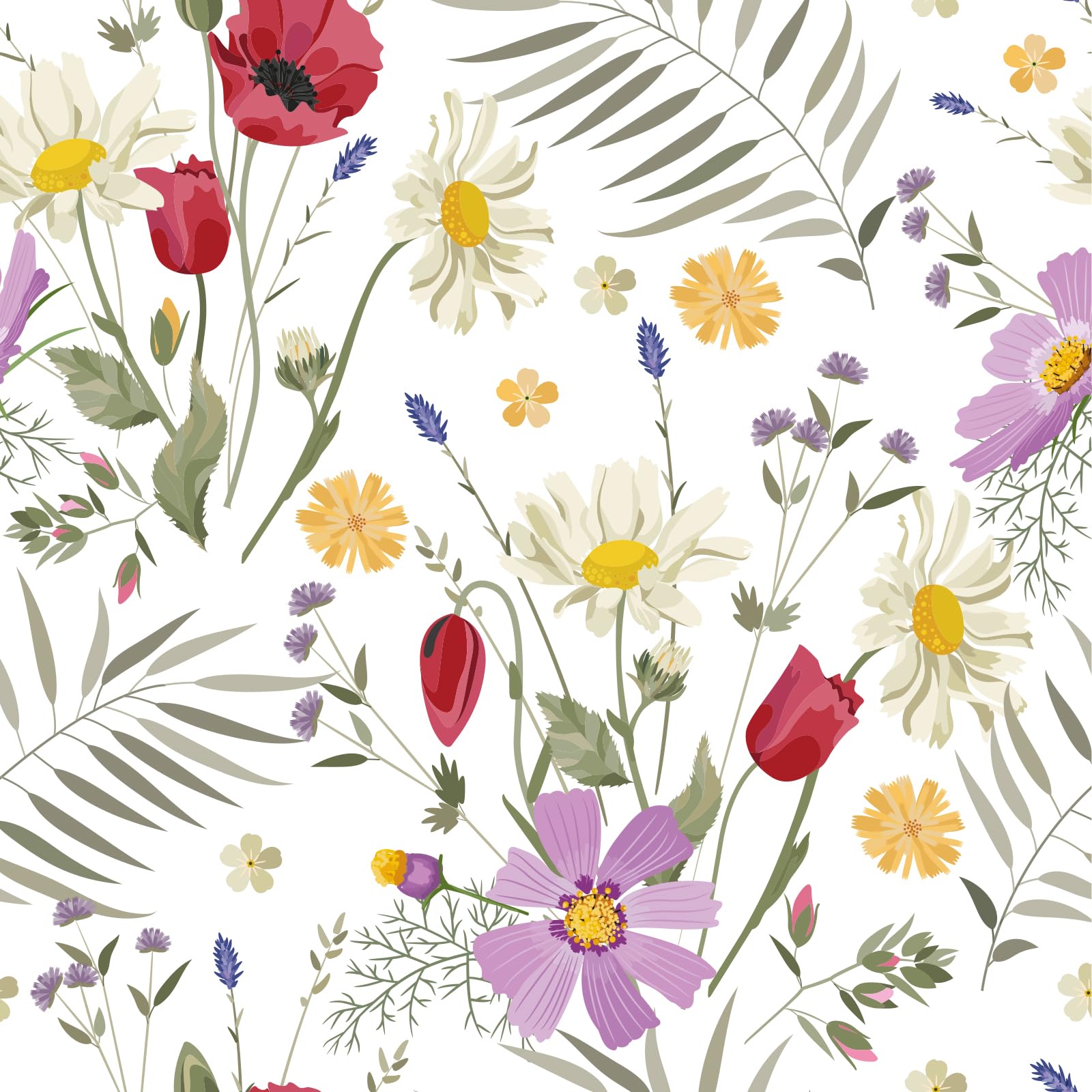 VaryFloral White Floral Wallpaper Colorful Flowers Peel and Stick Wallpaper 30.5cmx300cm Contact Paper Watercolor Daisy Sticky Back Vinyl Tropical Leaves Wall Stickers Vinyl Wrap for Furniture Room