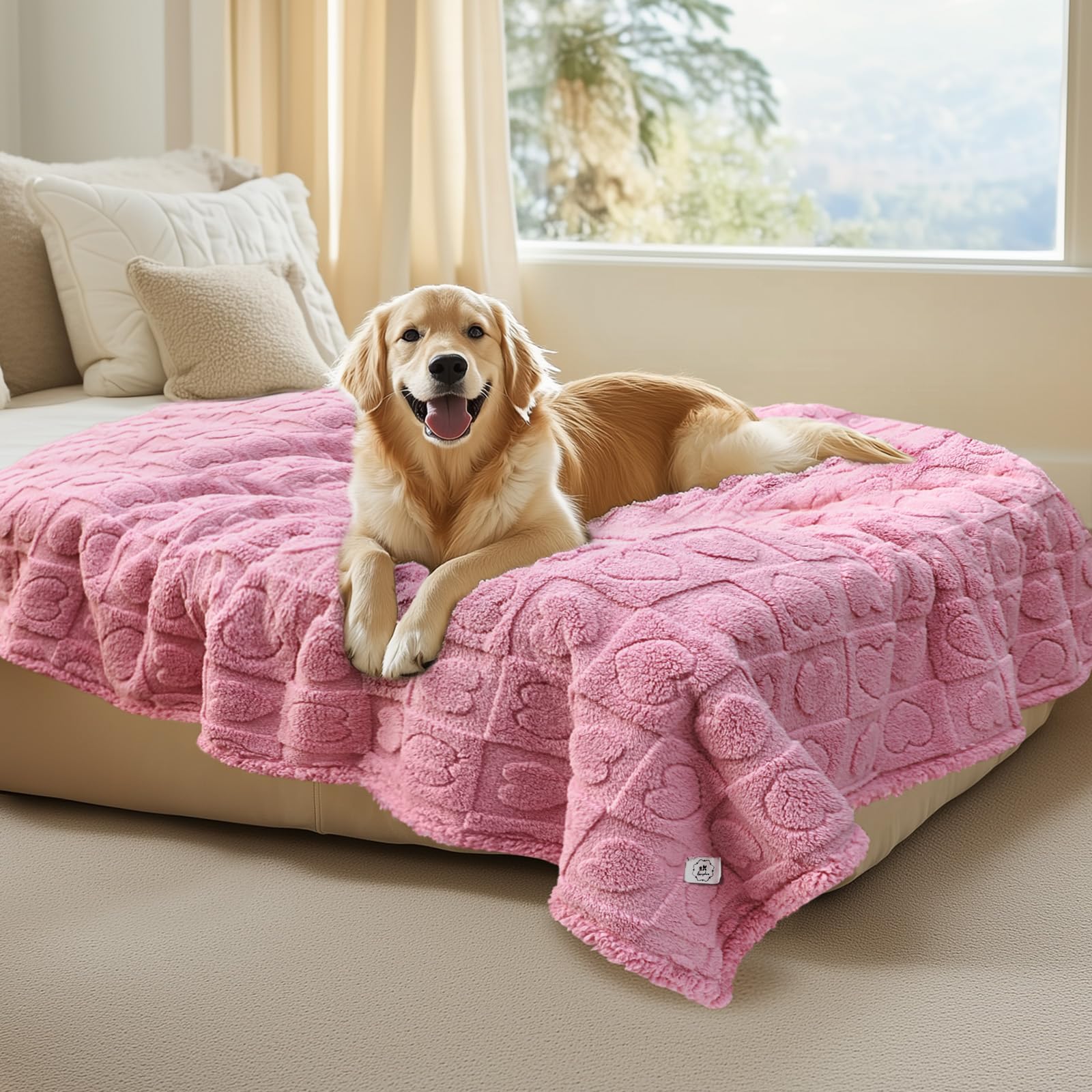 Photo 1 of Luciphia Waterproof Dog Blanket for Medium Large Dogs Washable Bed Couch Protector Soft Fluffy 3D Heart Jacquard Pet Blanket with Sherpa Fleece Cozy Calming Throw Blankets? Pink 85x57 inch