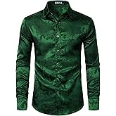 ZEROYAA Men's Shiny Satin Rose Floral Jacquard Long Sleeve Button Up Dress Shirts for Party Prom