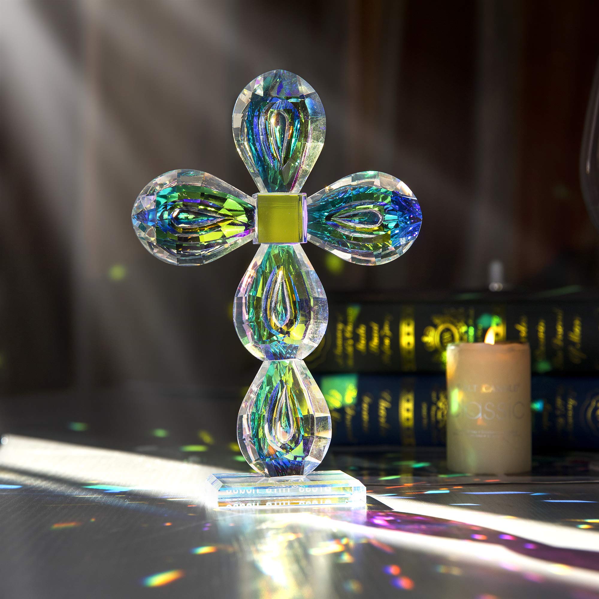 QFkris Crystal Cross Standing Traditional Cross Figurine 8.5 x 5.9 inches Glass Craft (Colorful)