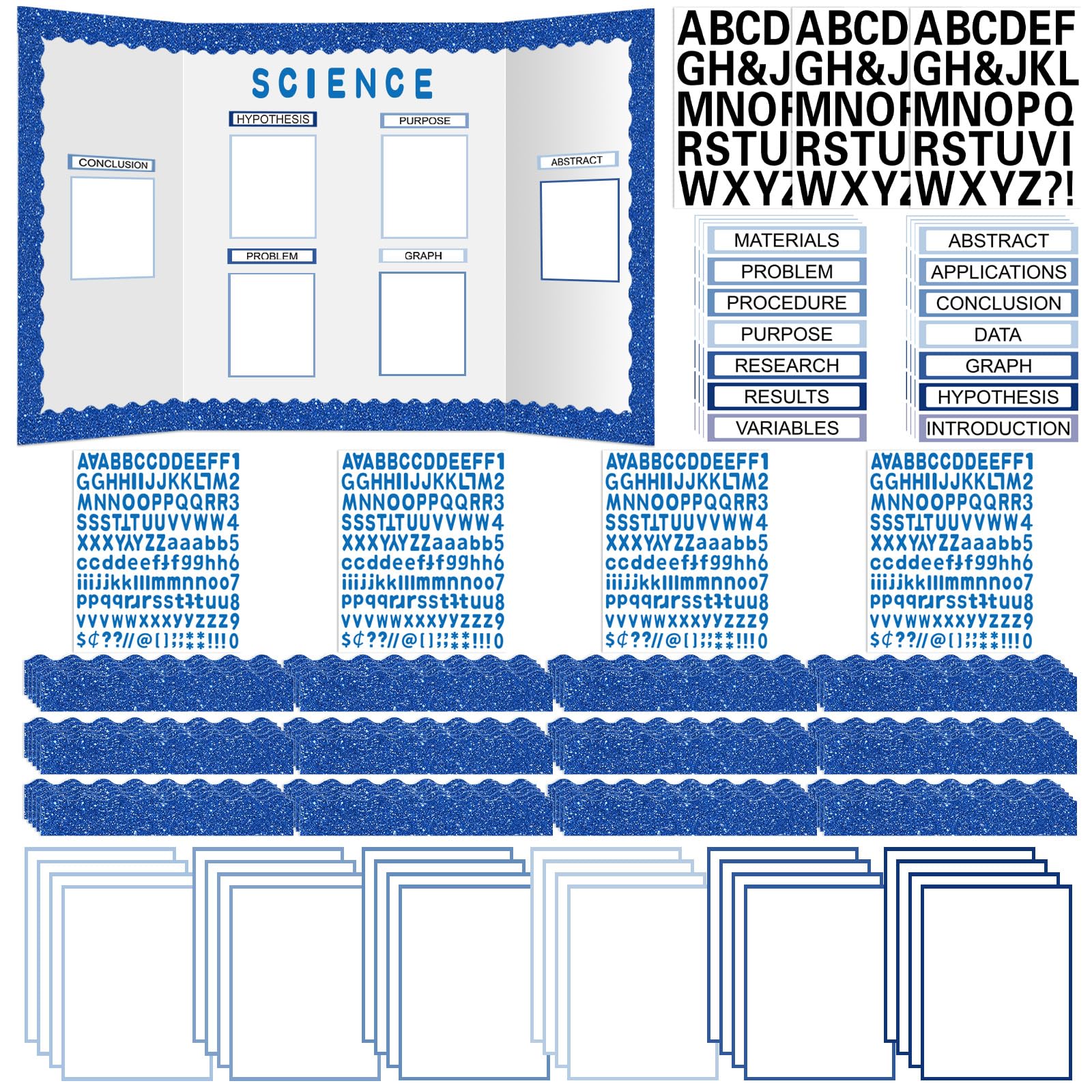 Photo 1 of 99 Pcs Science Fair Board Supplies 60 Trim Scalloped Bulletin Board Borders 24 Presentation Subtitles 8 Science Fair Titles 7 Personalized Letter Sticker for Classroom Display Boards.(Shiny Blue)