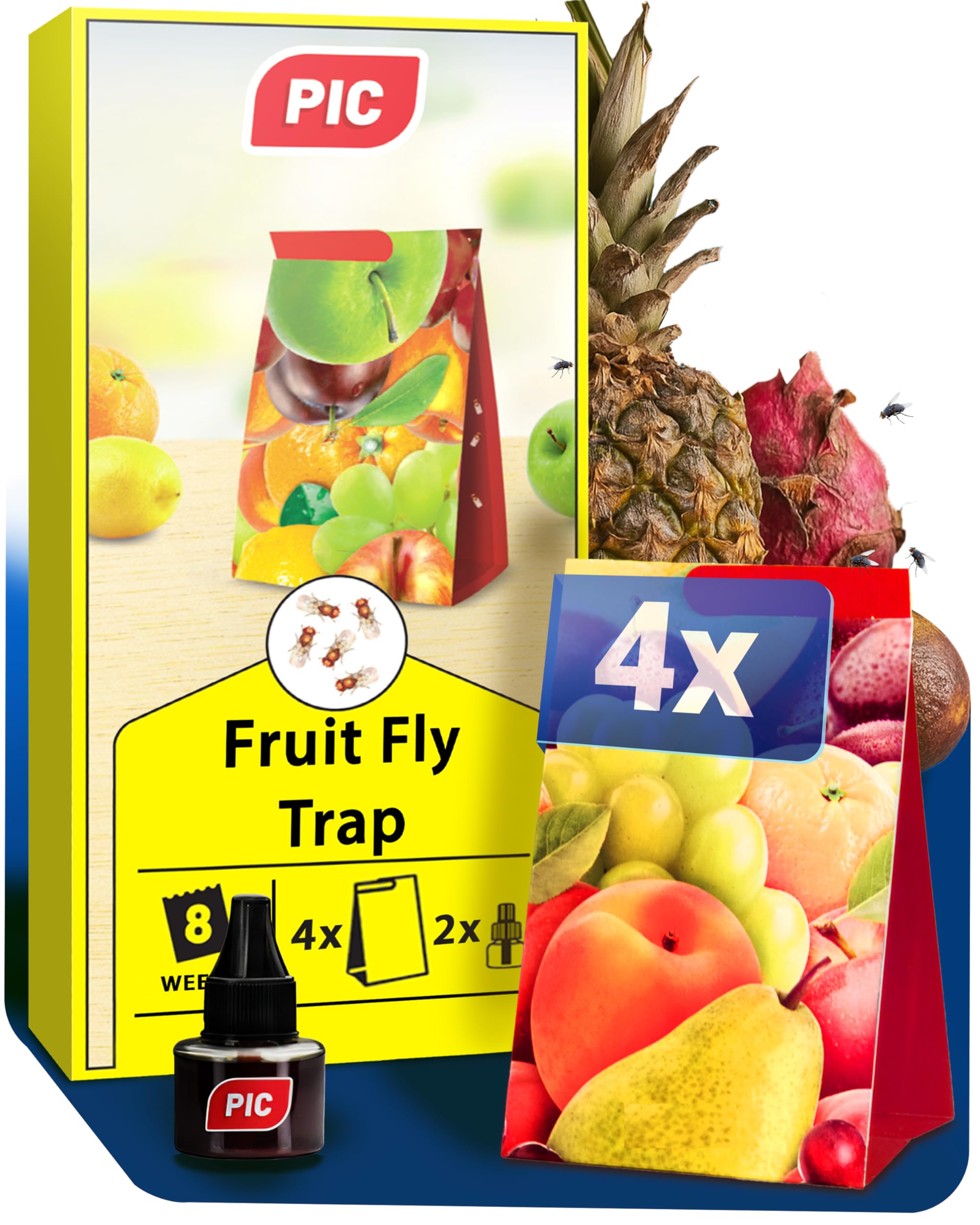 PIC Fruit fly trap and vinegar fly trap - 4x Glue Traps with 2 Attractant Containers, Effective Fly traps indoor for home use - Suitable for kitchen - Up to 8 weeks