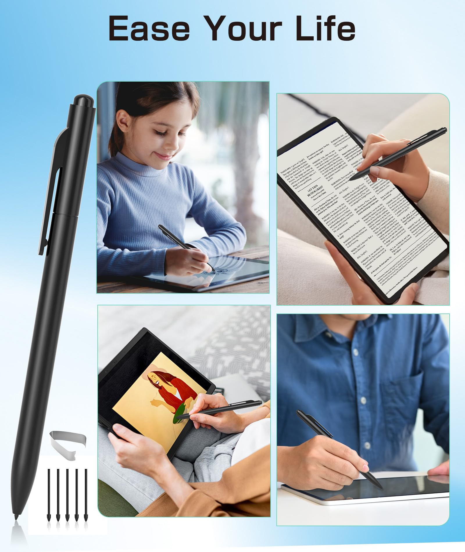 Ciscle EMR Stylus Compatible with Remarkable 2, Replacement Digital Pen with Eraser, 4096 Pressure Levels, Palm Rejection, Tilt Support (5 Pen Tips) (Pen with 5 Tips Black)