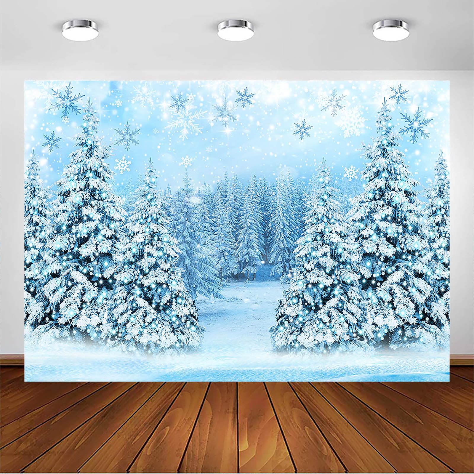 Avezano Winter Christmas Backdrop Winter Forest Scene Wonderland Snowflake Photography Background White Snow Forest Christmas Party Backdrop Decorations Photo Studio Props (Blue, 7x5ft)