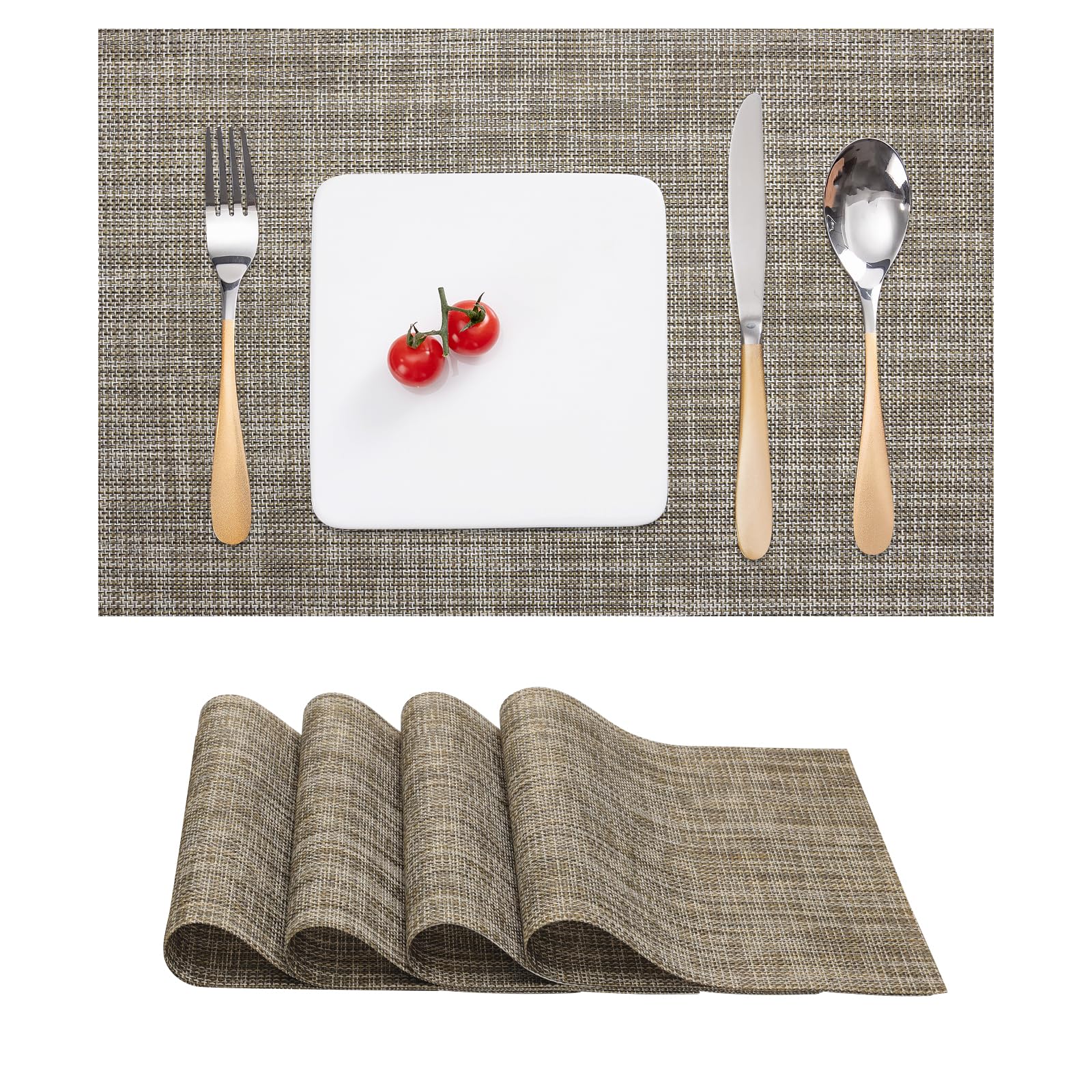 Myir JUN Table Mats Set of 4, Place Mats Table Placemats Washable Non-slip Heat Insulation Woven Vinyl for Kitchen Dinning Restaurant 17"X12" (Caramel)