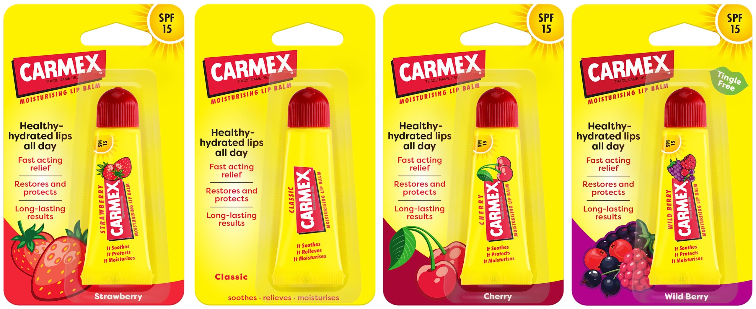 Carmex Lip Balm Tube Set | Classic, Cherry, Strawberry & Mint | Soothes and Repairs Dry, Cracked Lips | SPF 15 Protection | Intensely Hydrating Winter Lip Care Formula (Pack Of 4) — image 1