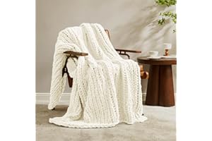 Amélie Home Chunky Knit Blanket Throw, Thick Soft Yarn Chunky Throw 50x60, Handmade Chenille Cable Knitted Crochet Throw Blanket, Warm Rope Knot Blanket for Couch Bed Sofa, Ivory