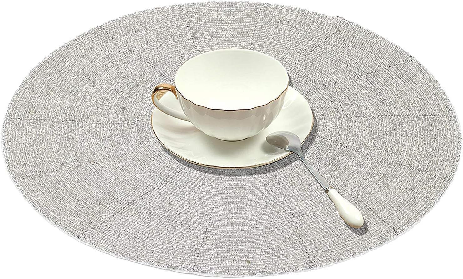 SKAVIJ Glass Beads Placemats Set for Dining Table Decoration (Dia-12 Inch, Pack of 2, Silver)