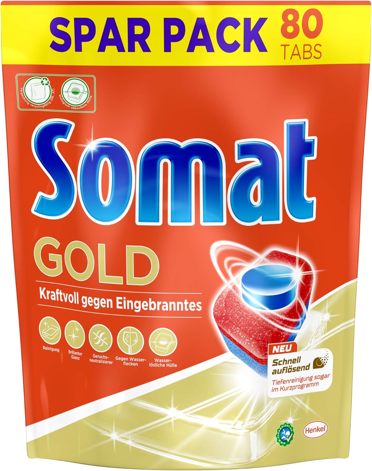 Somat Gold, Spülmaschinentabs, Sparpack, 80 Tabs, Extra Kraft gegen Eingebranntes und Glanz Effekt