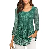 VALOLIA Women's 3/4 Sleeve Tunic Tops Casual Loose Fit Floral Blouses Mesh Pleated Layered Shirt