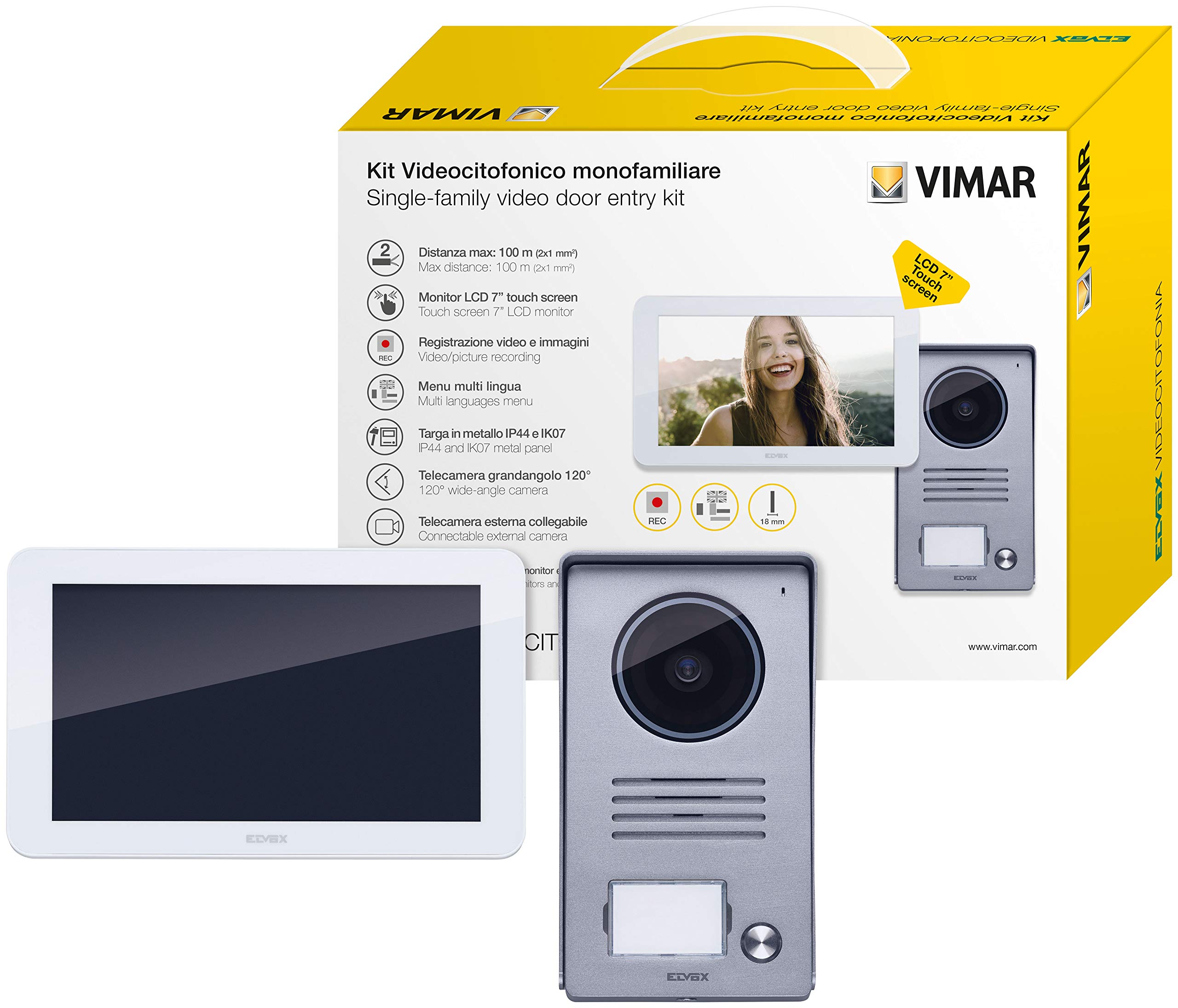 Vimar K40935 1-Family Video Entry kit with: Hands-Free 7in LCD Video entryphone, 1-Button Audio/Video Entrance Panel, Supply Unit, with Fixing Bracket, White