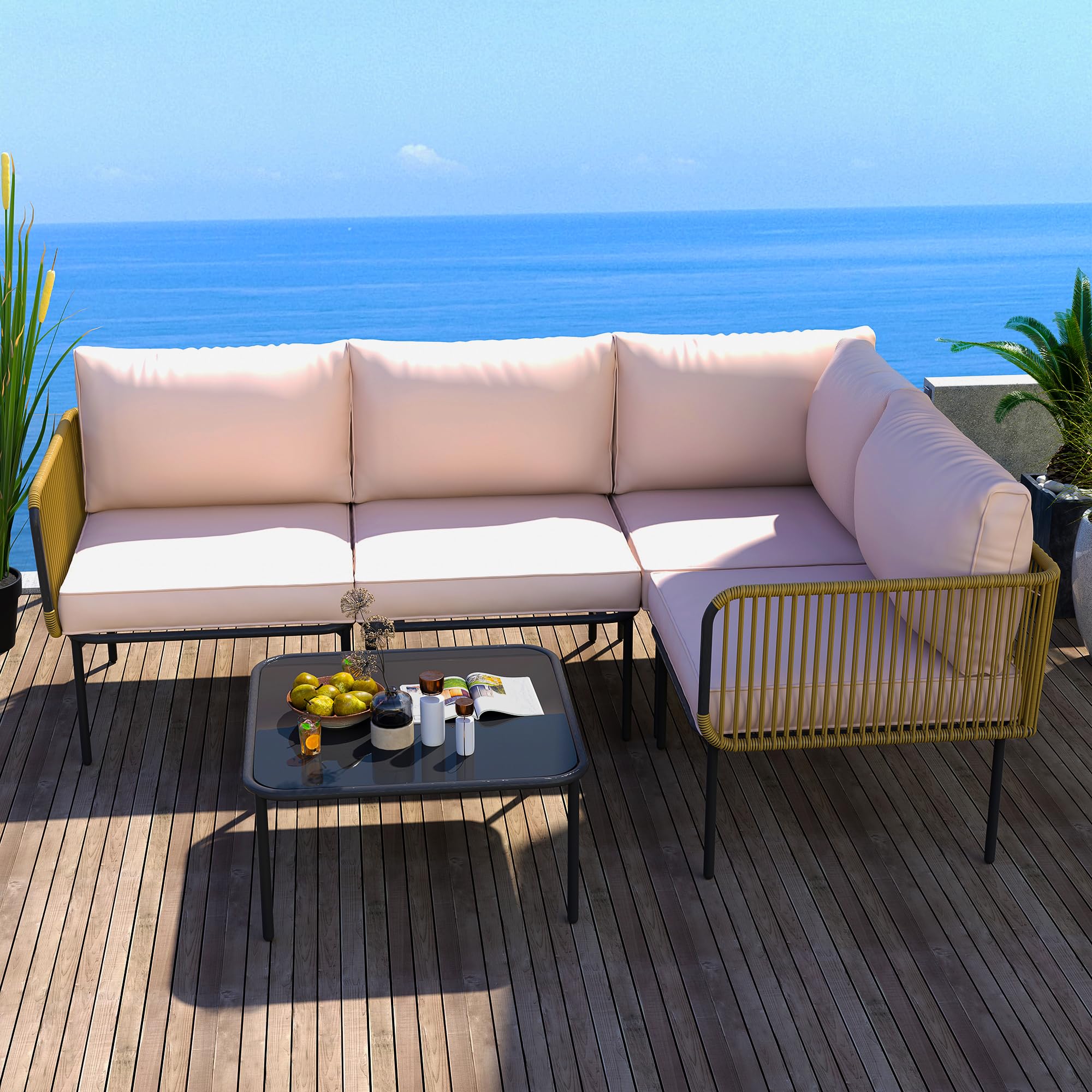 Photo 1 of ****Partial set****
Patio Furniture Set, 5 Pieces Wicker Rattan Outdoor Conversation Sectional L-Shaped Sofa with 5 Seater for Backyard, Balcony and Deck with Soft Cushions and Metal Table (Off-White)