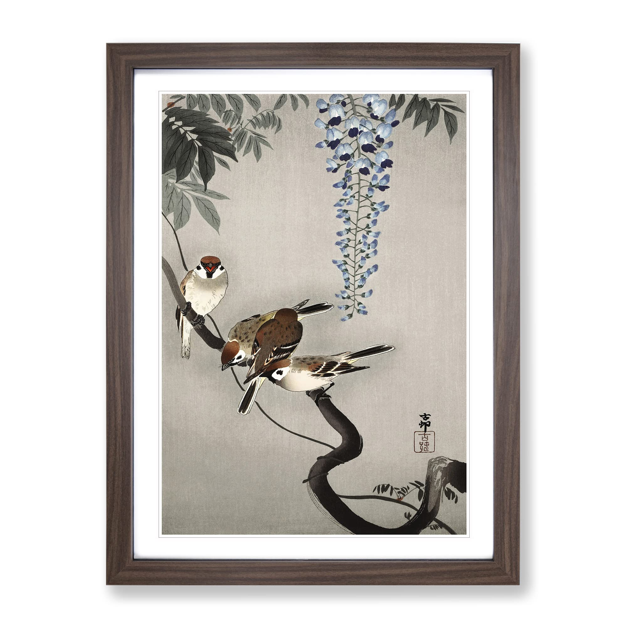 Sparrows At Wisteria By Ohara Koson Asian Japanese Framed Wall Art Print, Ready to Hang Picture for Living Room Bedroom Home Office Décor, Walnut A4 (34 x 25 cm)