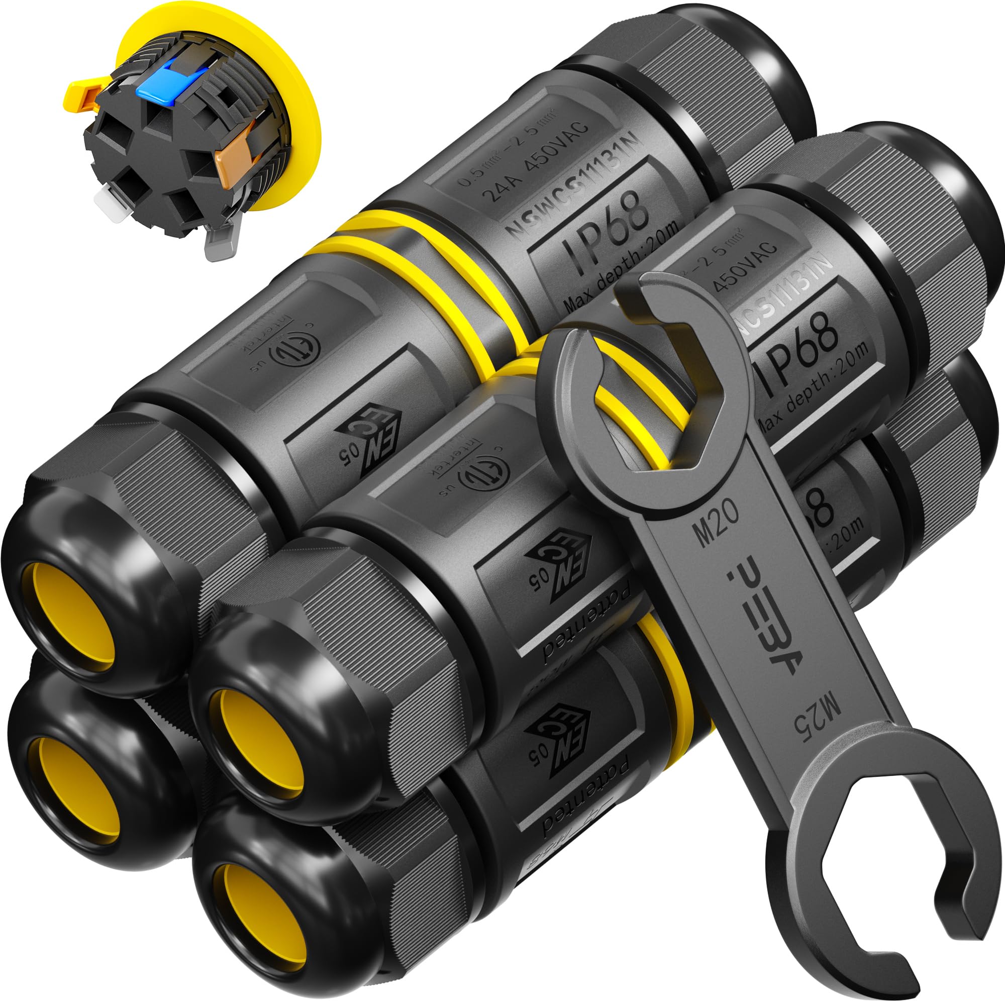 PEBA IP68 Waterproof Cable Connector Outdoor, 2 way Waterproof Junction Box Outdoor Cable Connector, 5 Pins Wire Connector, Extension Electrical Cable Protector for Cable Diameter Ø4mm-14mm (4 Pack)