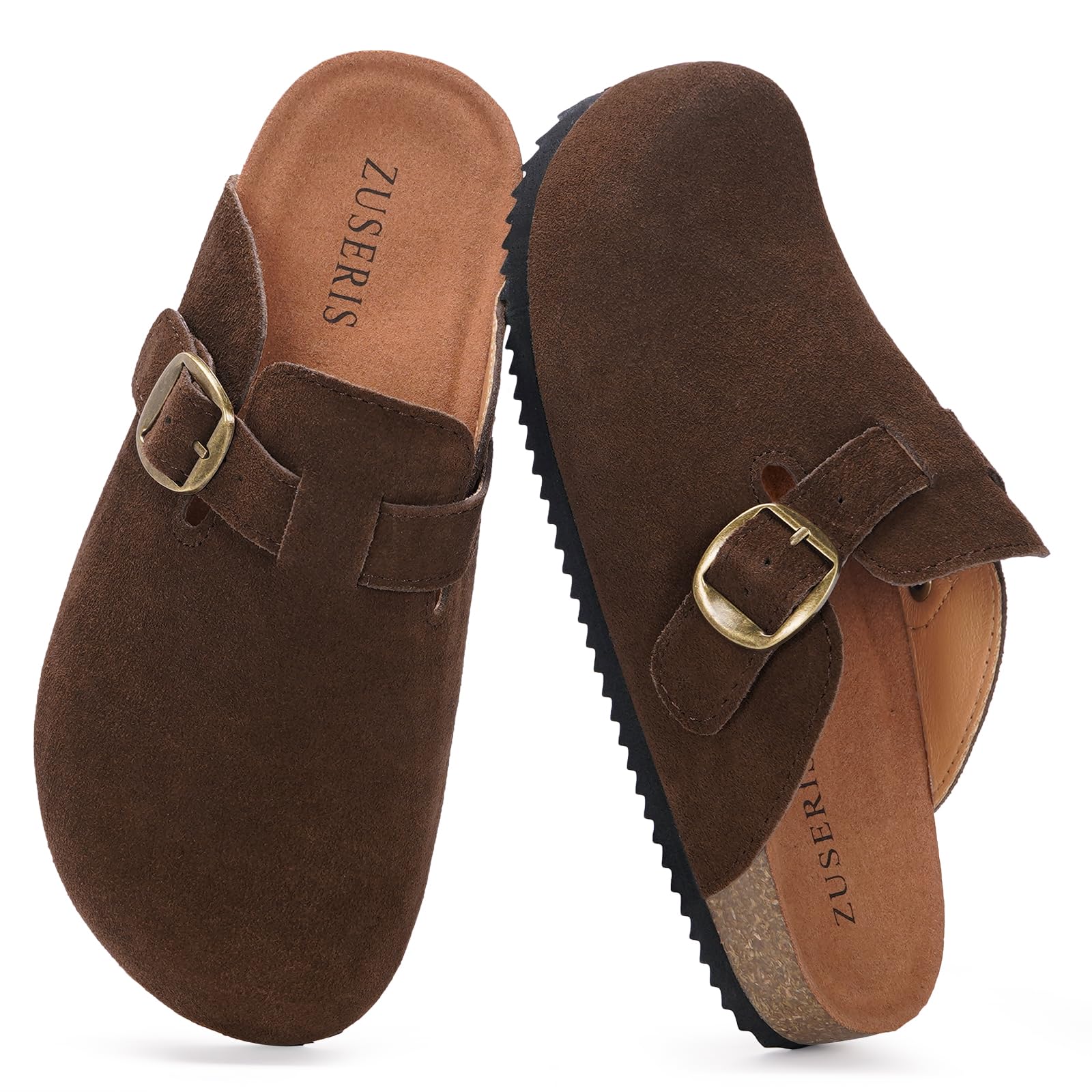 Photo 1 of Kids Suede Clogs Boys Girls Cork Footbed Potato Shoes Classic Slip On Leather Mules Children Indoor Outdoor Sandals with Adjustable Buckle,Coffee,5 Big Kid=Label 39