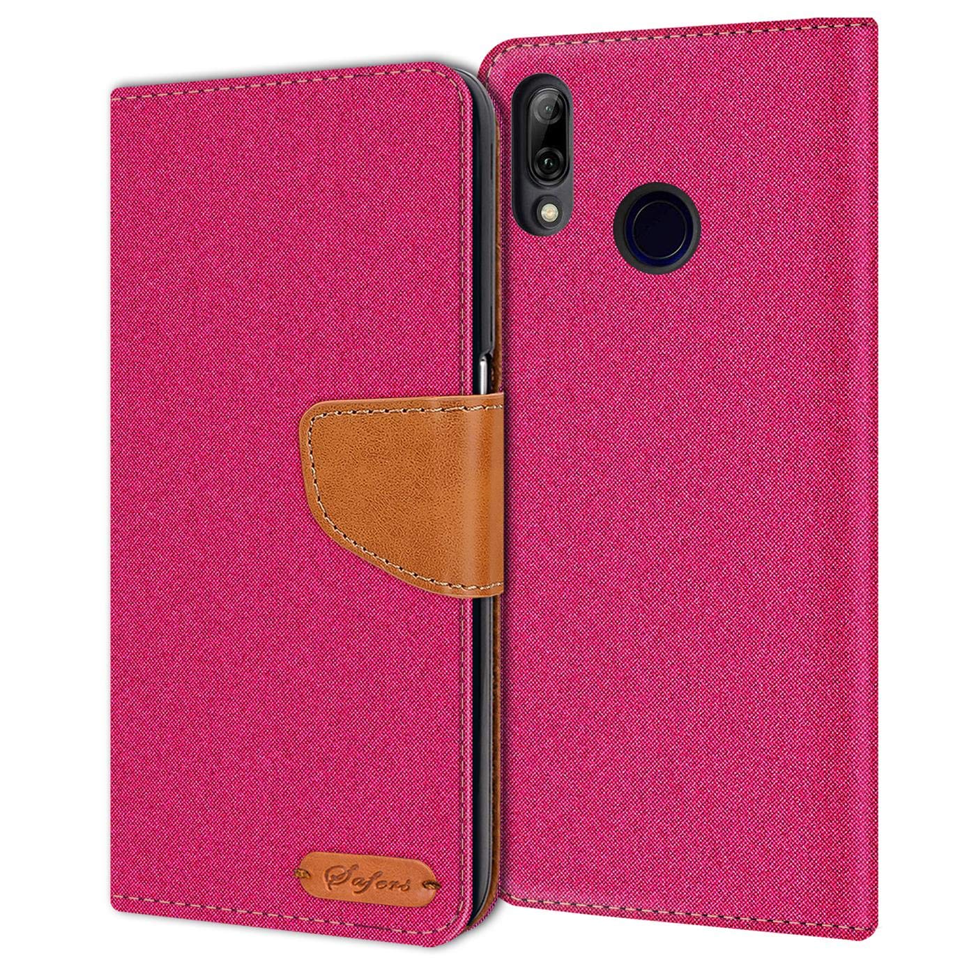 Verco Phone Wallet Case compatible with the Huawei P Smart 2019, Canvas Faux Leather Book Cover for the P Smart 2019 Flip Case Bag Hinged - Pink