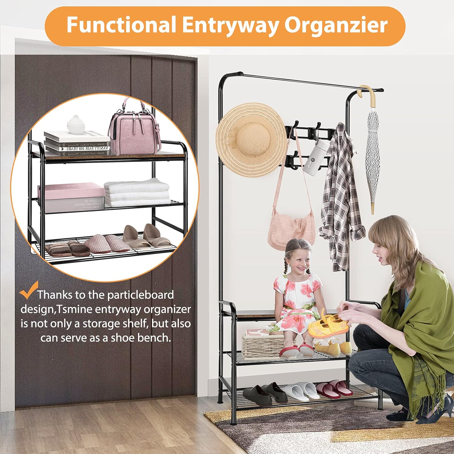 Coat Rack Shoe Rack for Entryway, Hall Tree Shoe Rack Bench Organizer Storage ,3 Tier Coat Rack Freestanding Industrial Storage Shelf Bench with 10 Double Hooks & Steel Frame for Hallway,Bedroom,Foyer: Home Improvement